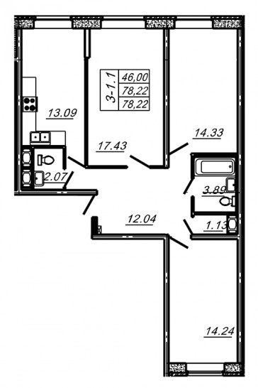 Трёхкомнатная квартира 78.22 м²