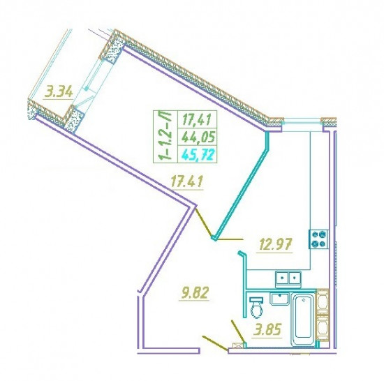 Однокомнатная квартира 45.72 м²