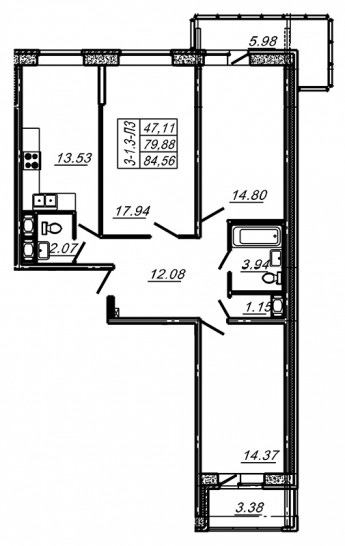 Трёхкомнатная квартира 84.56 м²
