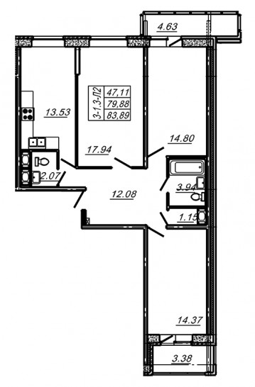 Трёхкомнатная квартира 83.89 м²