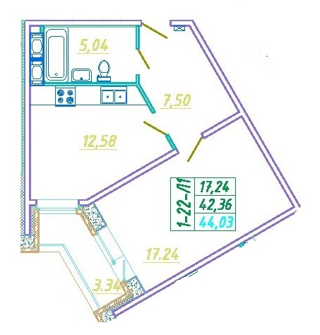 Однокомнатная квартира 44.03 м²
